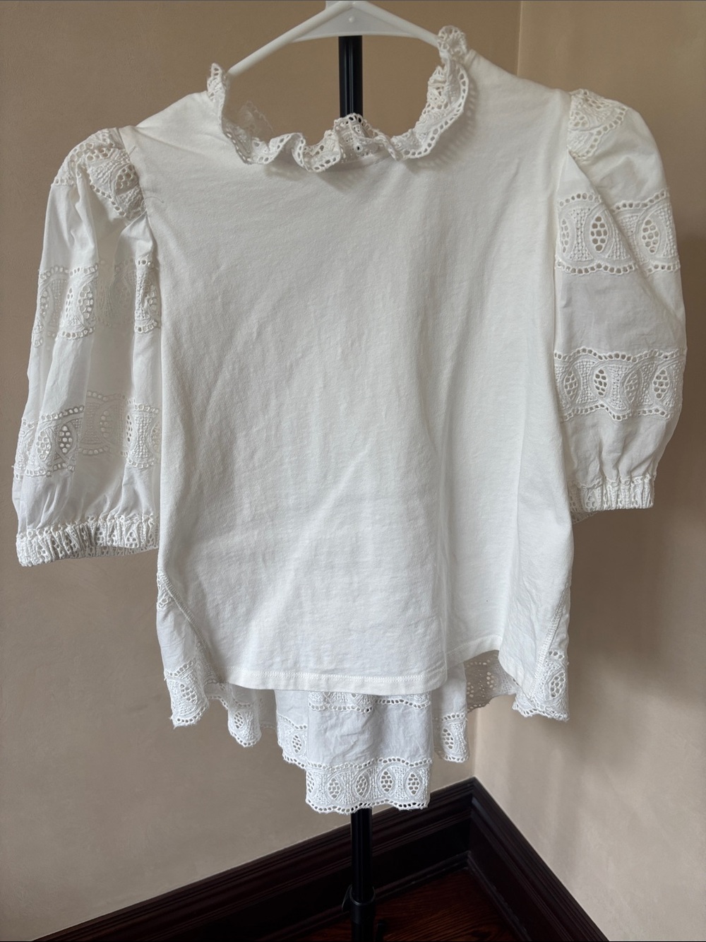 White Eyelet Ruffle-Neck cotton Blouse with Puff Sleeves